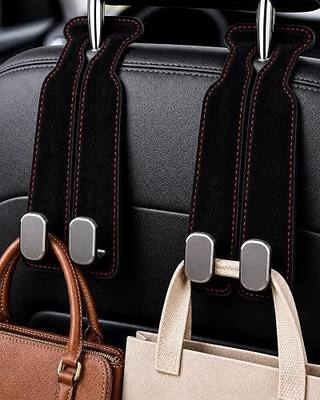 Car Headrest Hooks, 4 Pack Suede Leather Seat Hooks for Purses and Bags, Dual Hook Purse Holder for Seat Back and Passenger Glove Box, Universal Hangers for Handbags, Coats, Groceries, Black