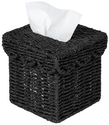 CubesLand Square Wicker Tissue Box Cover W/Scalloped Lid for Home Decor | Rustic Farmhouse Boho Facial Tissues Boxes Holder fits Bathroom Living Room Table Decor, Handwoven, Black