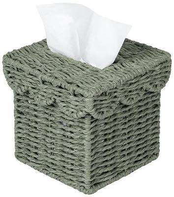 CubesLand Square Wicker Tissue Box Cover W/Scalloped Lid for Home Decor | Handwoven Facial Tissues Boxes Fits Living Room Table Decor, Rustic Farmhouse Boho Bathroom Decorative, Green