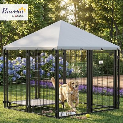PawHut 4.7' x 4.7' x 5.1' Outdoor Dog Kennel Outside Run S&M Breeds Silver | Welded Wire Dog Kennel, Waterproof & UV Resistant Cover, for Chickens, Ducks