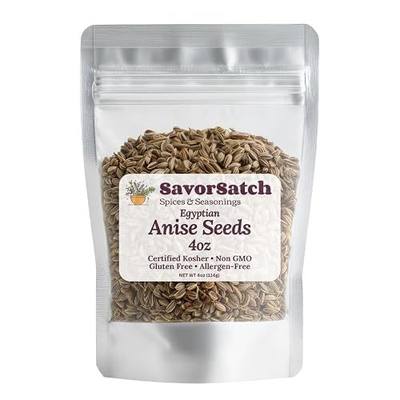 SavorSatch Anise Seeds Whole - Stand-Up Resealable Pouch | Product of Egypt | Licorice Flavor and Aroma | Certified Kosher, GMO-Free, Bulk Herb for Cooking, Baking, and Tea - 4 oz (Pack of 1)