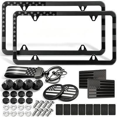 American Flag License Plate Frames, Stainless Steel Car Tag Holder | Patriotic USA Flag Design, Heavy Duty Metal, Rustproof Screws, Slim Edge 4 Hole 2 Pack
