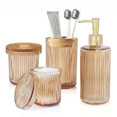 4 Pcs Brown Bathroom Accessories Set, Glass Bathroom Set, Soap Dispenser, Toothbrush Holder, Qtip Holders, Modern Bathroom Decor, Housewarming Gift Set (Amber Brown)