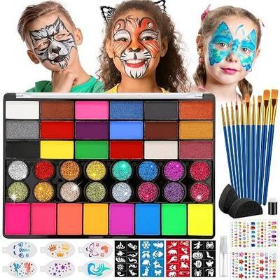 42 Colors Face Painting Kit for Kids & Adults, Professional Face Paint Kids Makeup Kit, Water Activated Face Paint Palette with Brushes, Stencils, Sponge, Gems for Halloween, Party, Carnival, Cosplay