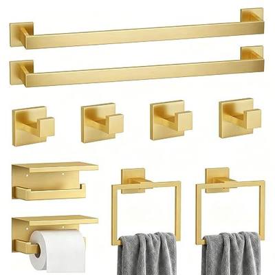 10-Piece Brushed Gold Bathroom Hardware Set SUS304 Stainless Steel, 2×23.6" Towel Bars, 2 Towel Rings, 2 Toilet Paper Holders & 4 Towel Hooks Wall Mounted Bathroom Accessories Set