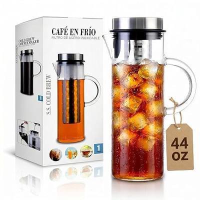 Cold Brew Coffee Maker 44oz – Iced Coffee & Iced Tea Maker with Borosilicate Glass Pitcher, Stainless Steel Mesh Filter, Large Capacity Coffee Brewer for Smooth Low Acid Coffee, Tea & Fruit Infusion