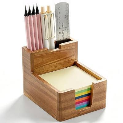 Acacia Wood Sticky Note Holder with Pen Slot, 3x3 Sticky Note Dispenser for Desk, Non-Slip Pads Office Storage Organizer