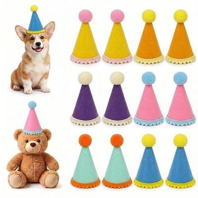 12-Pack 6-Color Mini Pom-Pom Trim Party Hats for Pets and Dolls | Felt Cone Hats, Boho Trim, Fluffy Pompom Toppers, Adjustable Elastic Straps, Stuffed Animal, Dog and Cat Birthday Props