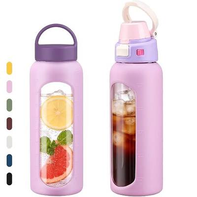 MUKOKO 32oz Glass Water Bottle with Straw, 2 Lids-Staw Lid and Screw Handle Lid, 1 Liter Reusable Drinking Bottle with Time Marker for Sports and Home, Pink