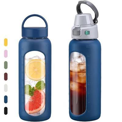 MUKOKO 32oz Glass Water Bottle with Straw, 2 Lids-Staw Lid and Screw Handle Lid, 1 Liter Reusable Drinking Bottle with Time Marker for Sports and Home, Dark Blue