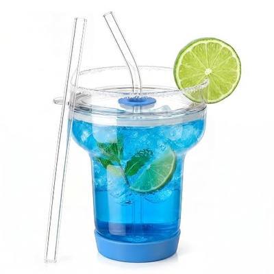 Tronco 16 oz Margarita Glasses with Lid & Straws, Stemless Cocktail Glass | Borosilicate Glass, 360 Sippable Lid with Saltable Rim, BPA-Free, Silicone Base, Cocktail Glassware for Home Bar & Parties