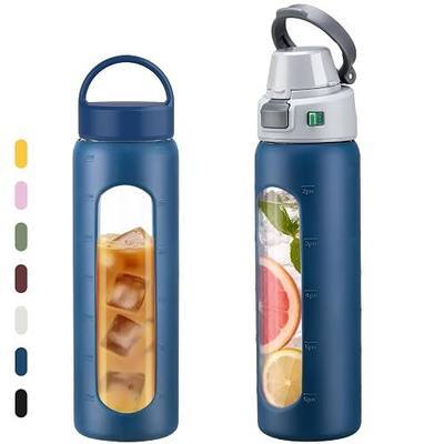 MUKOKO 24oz Glass Water Bottle with Straw, 2 Lids-Staw Lid and Screw Handle Lid, Reusable Drinking Bottle with Time Marker for Sports and Home, Dark Blue