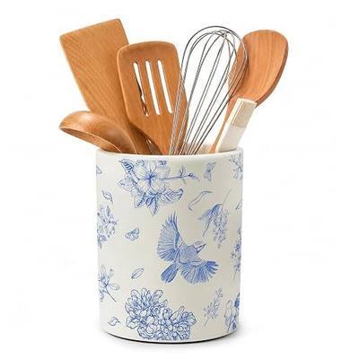 R HORSE Chinoiserie Ceramic Utensil Holder for Kitchen Counter Organizer | Blue Floral Utensil Holder, Vintage Utensil Crock, Flower Butterfly Bird Pattern, Home Kitchen Countertop Storage Container