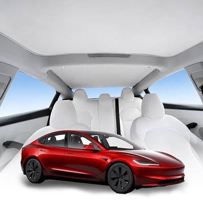 Off-White Roof Sunshade for 24-26 Tesla Model 3 Highland | Off-white dual-layer nano-fabric with memory-steel, Drops cabin temp and prevents sagging for a quiet, comfortable ride