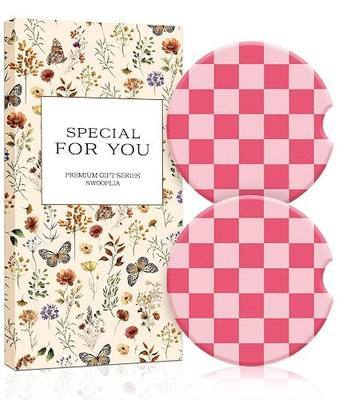 Swooflia Car Coasters for Women - Light and Dark Pink Checkered Ceramic Car Cupholder Coaster Absorbent Mat Coaster with Cork Base 2 Pack 2.55 inch Automotive Cup Holder Accessories New Driver Gifts