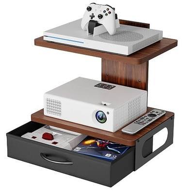 Floating TV Wall Shelf With Drawer, 2-Tier Projector Shelf Holds Up To 22Lbs, Wooden Wall Mounted Shelves For Projector/DVD Player/Game Console/Cable Box/Living Room Decor Accessories, Walnut Brown