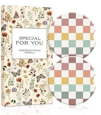 Swooflia Car Coasters for Women - Morandi-Tone Checkered Ceramic Car Cupholder Coaster Absorbent Mat Coaster with Cork Base 2 Pack 2.55 inch Automotive Cup Holder Accessories New Driver Gifts