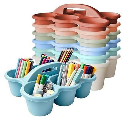 6 Pack Classroom Caddy Organizer with Handle Morandi Plastic Table Caddy 6 Compartments Storage Cup Holder for School Supplies Art Crafts Crayons Pencils Stackable Desk Daddy for Office