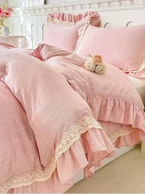 Ruffle Comforter Set Full Size 3 Piece - Blush Pink Boho Farmhouse Bedding with Lace Trim & Pintuck Details (80"x90")