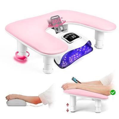 Arm Rest for Nails Tech: Adjustable Height U Shaped Nail Hand Rest Stand PU Leather with 360°Rotating Phone Holder for Manicure Salon Manicurist (Pink)