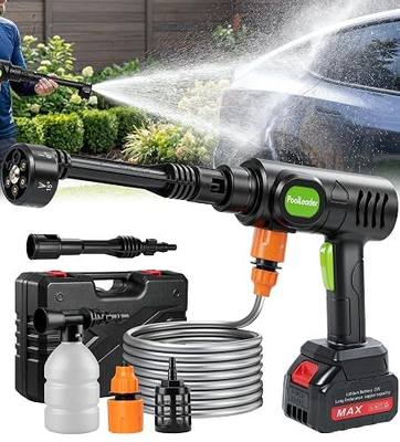 PoolLeader Cordless Car Washing Tool, Portable Vehicle Cleaner with 6-in-1 Nozzle & Foam Cannon, Battery Operated Cordless Car Wash Spray, Handheld Wash Machine for Car, Patio, Home - Lime Green
