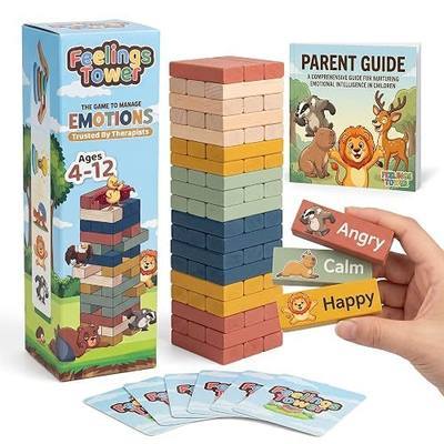 Feelings Tower Therapy Games for Kids & Teens - Social Emotional Learning Toy, 48 Emotion Cards & Animal Stacking Blocks - Play Therapy Toys, SEL & Social Skills Games for Kids, Counseling - Earth