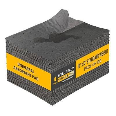 Spill Ready Universal Absorbent Pads 10" x 13" (100 Pack) - Standard Weight Absorbs Up to 16 oz per pad, 2mm Absorbent Mat, Dimpled & Perforated Industrial Sorbent Pads for Oil, Coolant - Gray | Suitable for Workshops, Garages & Warehouses