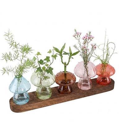Mushroom Plant Propagation Station, 5 Vases, Wooden Stand | Colored Glass, Hydroponic, Mini Terrarium Planter, Indoor Home Decor, Unique Gifts for Plant Lovers Women