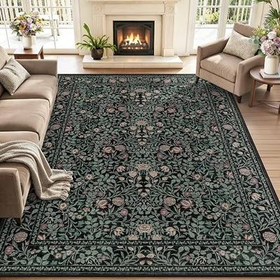 5x7 Area Rugs Living Room Rug: Floral Washable Rug Vintage Boho Soft No Slip Stain Resistant Carpet Indoor Floor Throw Carpets for Bedroom Hallway Nursery Dining Room Playroom Dark Green Black