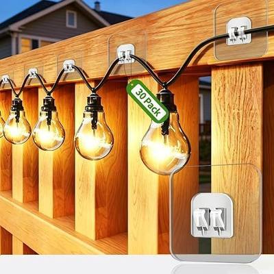 100 Pack Hooks for Outdoor String Lights,Double Hook Heavy Duty Light Clips | Adhesive Strips, No Drill Hanging Clips for Christmas Lights, Fence, Deck, Pergola & Backyard Decor