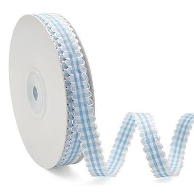 3/8" x 24Yds Blue Gingham Ribbon, Scalloped Edge | Polyester blue/white gingham trim with scalloped edge for wrapping, Christmas, weddings, hair bows & crafts. Fray-resistant