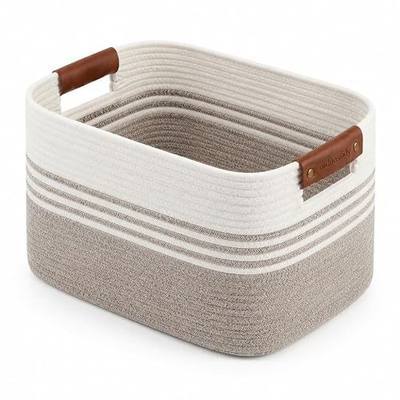 Cotton Rope Laundry Basket Medium, 15.4GAL Collapsible Woven Storage Baskets for Living Room Kids Toys Stuffed Animal,Boho Rectangular Decorative Short Hamper for Dirty Clothes, Blankets White Brown