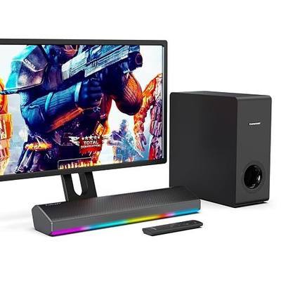 TAGWOOD RGB Gaming Soundbar with Subwoofer, 2.1 Channel 80W Bluetooth Sound Bar with Dynamic LED Lights Sync to Music & Games, HDMI ARC/Optical/AUX/USB, Deep Bass for TV PC Monitor Party