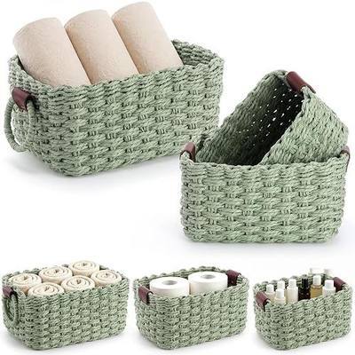 3 Pcs Green Toilet Paper Storage Wicker Baskets Bathroom Counter Organizer Decorative Storage Bin for Organizing Bedroom Shelves Cabinet Nursery Room Kitchen Toilet Tank Top