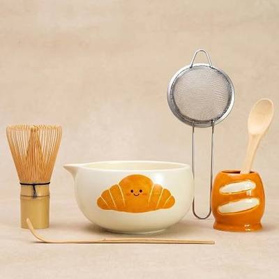 Cute Matcha Bowl and Whisk set, Bamboo Scoop, Spoon, Stainless Steel Sifter & Whisk Holder, Whimsy Matcha Gift Set for Beginners, Smiling Croissant Bowl