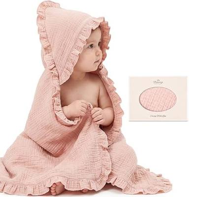 Konssy 100% Muslin Cotton Soft Baby Hooded Bath Towel with Lace Ruffle | Quick-Drying, Super Absorbent, 32" x 32", for Delicate Skin, Infants & Toddler, for Boy Girls Newborn Essentials(Pink)