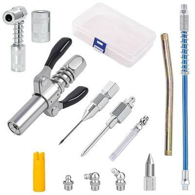 13 Pcs Grease Gun Fittings Kit,Includes Grease Gun Tips,Grease Gun Coupler,90 Degree Grease Gun Coupler,12 Inch Grease Gun Hose,Straight Pipe,Zerk Fitting Cleaner,Grease Needle Nozzles