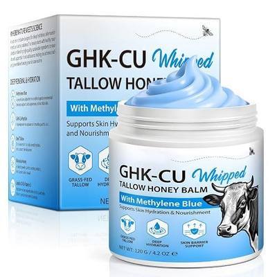 GHK-Cu Copper Peptide Beef Tallow for Skin 4.2 Oz - Tallow and Honey Balm with Methylene Blue, Manuka Honey, Vitamin E - Natural Face and Body Moisturizer for Mature, Dry, Sensitive Skin