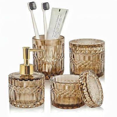 LaMarriti Brown Bathroom Accessories Set, 4Pcs Clear Glass Bathroom Set, Soap Dispenser and Toothbrush Holder Set, Qtips Holder, Soap Dish for Crystal Modern Bathroom Decor, Countertop Organizer