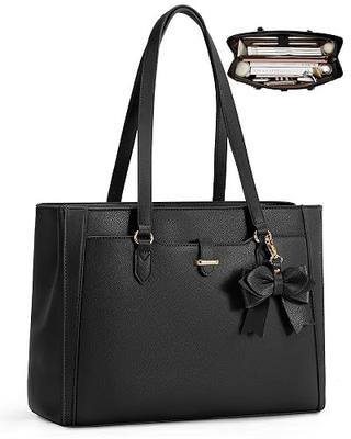 RAINSMORE Laptop Tote Bag for Women, Large Capacity Work Bag Water-Resistant Soft PU Leather, 15.6 Inch Computer Handbag, Professional Business Briefcase for Office College Teacher, Black