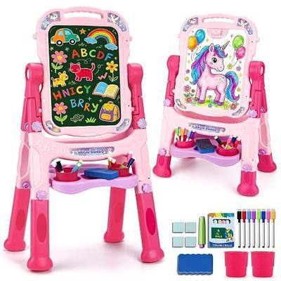 Tsomtto Art Easel for Kids, Double-Sided Magnetic Drawing Board with Painting Accessories Chalkboard & Whiteboard Adjustable Standing Easel for Toddler Learning Toys for 3 4 Year Girl Birthday Gifts