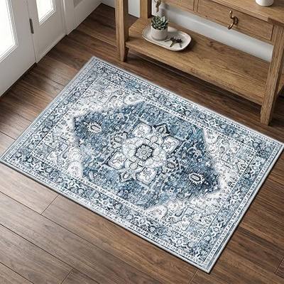 2x3 Machine Washable Entryway Rug, Vintage Distressed Low Pile Indoor Door Mat, Non-Slip & Oeko-TEX Certified Family Safe Small Boho Rug for Bathroom Kitchen, Blue