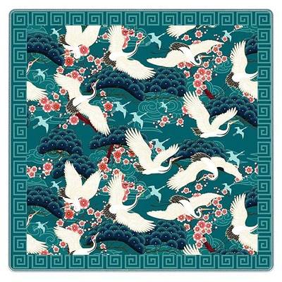 Dark Teal Japanese Crane Mahjong Mat 31.5 x 31.5 Inch, Oriental Traditional Japan Floral Bird Non-Slip Noise Reduction Gaming Mat for Dominoes Poker Card Board and Tile Games