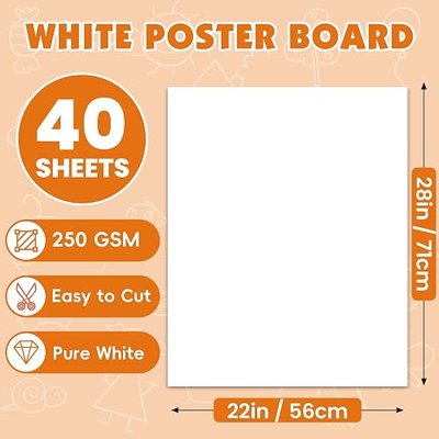 40 Sheets Poster Board, 22in x 28in 250GSM White Poster Board | Thickness Poster Paper, Poster Boards Paper Bulk for Craft, Drawing, DIY Project, Presentations, Display, Sign