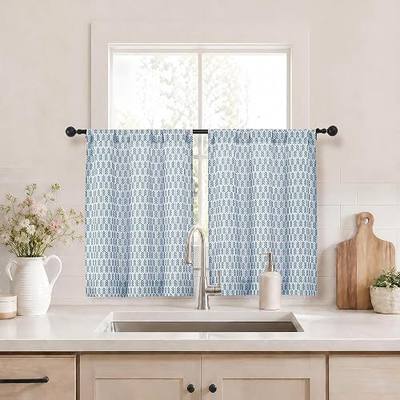 Lecloud Blue Kitchen Curtains 30 Inch Length 2 Panels Set, Light Filtering Faux Linen Half Window Curtains, Geometric Arrow Pattern Tiers Curtain with Rod Pocket for Bathroom Bedroom, 30" W x 30" L