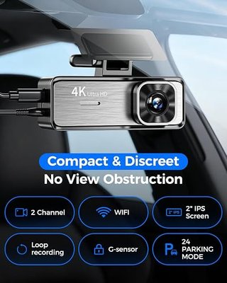 4K Dash Cam Front and Rear,4K+1080P Dual Dash Camera for Cars, 2.4G WiFi, 2” IPS Screen, Night Vision, G-Sensor, Loop Recording, 32GB Card Included