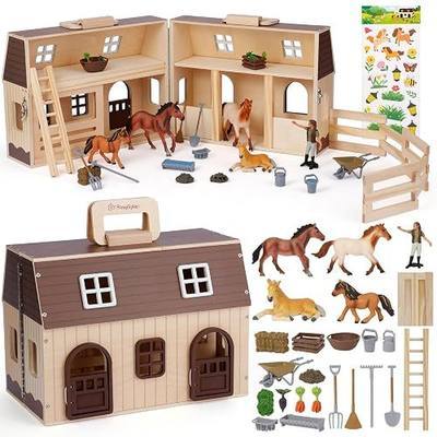 SIMPLIPLAY Horse Toys with Large Portable Wooden Stable Playset | Pretend Play Toy Barn with Farm Animals Sticker, Plastic Horse Figures & Accessories, Preschool Travel Toys for Kids Ages 3+
