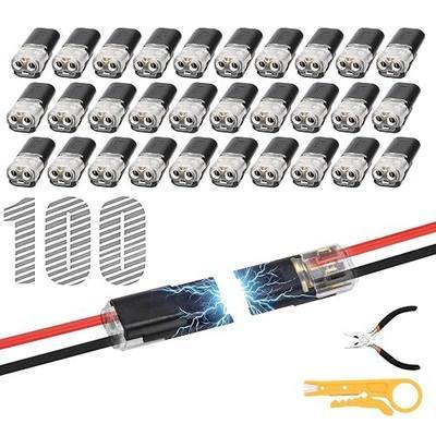 100 PCS Double Wire Plug in Connector with Wire Cutter & Wire Stripper, Multi-Purpose Snap-On Blocks with Locking Buckle, for Strip Lights DIY Crafting, Low-Voltage Decor & Model Kits 2 Pin
