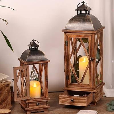 Decorative Wooden Candle Lanterns Set of 2, Rustic Farmhouse Indoor Outdoor | Large size for holidays, weddings, and everyday decor, hanging & portable handle, Glass free design safe for kids & pets