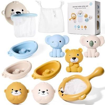 DUOROUBAO 12PCS Otter Bath Toy Set for Toddlers 1-3, Multi-Play in Bath Tub | Included 1 Fun Bath Basketball Hoop & 2 Balls, 3 Stacking Boats & 3 Finger Puppets, 1 Net & 1 Storage Bag Ideal for Baby Gift